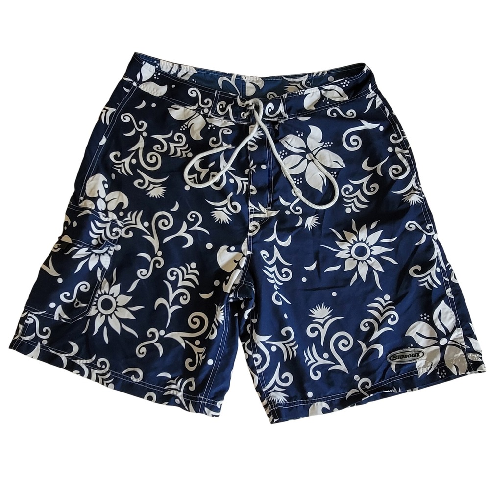 Y2K Sideout Board Shorts Mens 36 Navy‎ Blue Floral Hibiscus Print Swim Trunks